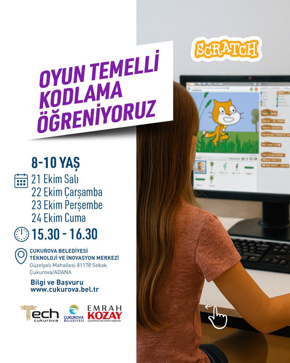 Geleceğin teknolojileriyle çocuklarımızı buluşturuyoruz! 
3D kalemden oyun temelli kodlamaya, STEAM uygulamalardan 3D yazıcı atölyelerine kadar dopdolu bir eğitim programı seni bekliyor.
👧🧒 8-13 yaş arası çocuklar için ÜCRETSİZ etkinliklerimiz
📍 Çukurova Belediyesi Teknoloji