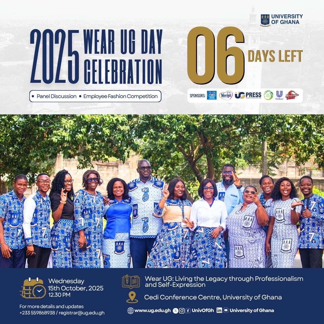 🚨Just 6 days left to wear our UG pride and showcase it to the world.

Be part of the 2025 Wear UG Day celebration‼️👀
<a href="/UnivofGh/">University of Ghana</a> <a href="/aba_amfo/">Nana Aba Appiah Amfo</a>