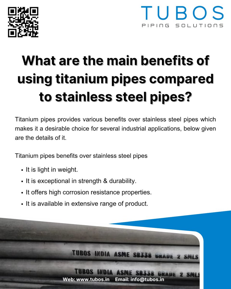 Tubos_India's tweet image. tubos.in
Check the benefits of using titanium pipe compared to stainless steel pipes
-
#industrialpipe #titaniumpipe #titaniumpipes #titanium #titaniumbenefits #titaniumgr1 #titaniumgr2 #titaniumgr23 #titaniumgrade #titaniumgrade5 #titaniumapplications