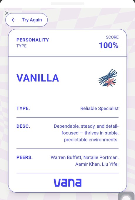 Apparently I’m Vanilla 🍦 — steady, reliable, and all about details 😎
Kinda fits me tbh.
Taste your data 👉 app.vana.com #datarevolution #Vana <a href="/vana/">vana</a>