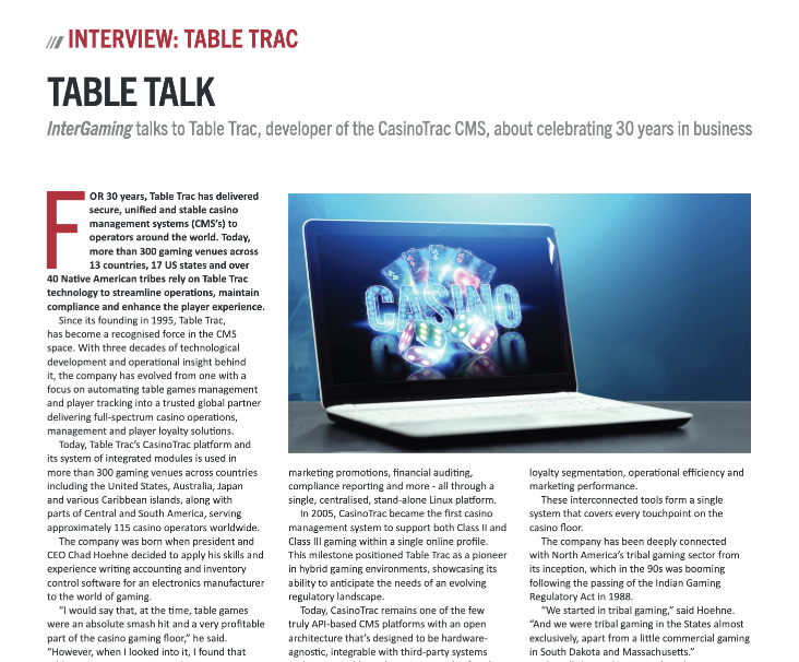 InterGameLtd's tweet photo. InterGaming talks to Table Trac, owner of the CasinoTrac CMS, about celebrating 30 years in businesss:
https://t.co/2IIrBSisvp

#casino #landbased #G2E #LasVegas #playertracking #digitalpayments https://t.co/FMNa7UbdHp