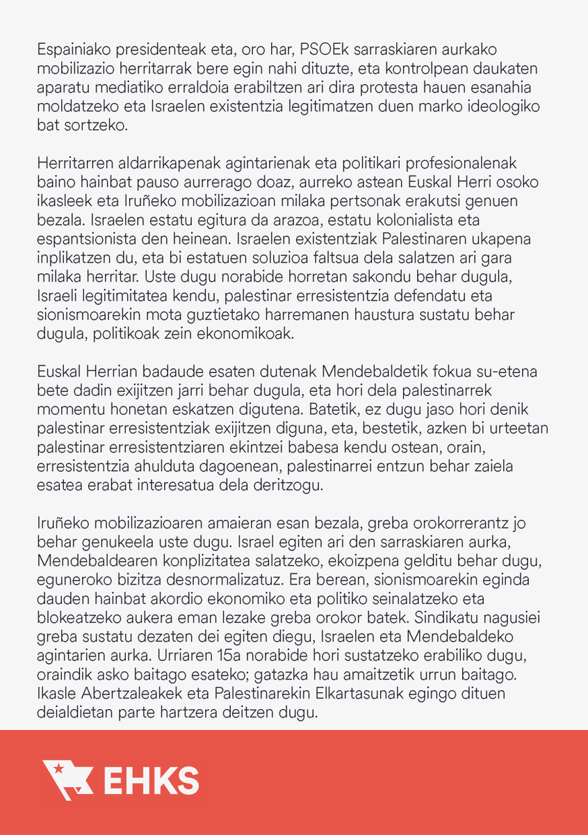 📄Irakurketa, Palestinako egoeraz eta urriaren 15eko mobilizazioen harira. 
 
Era berean, 'La Vuelta'-ko isunduen eta gaur atxilotutako militantearen kargugabetzea exijitzen dugu.