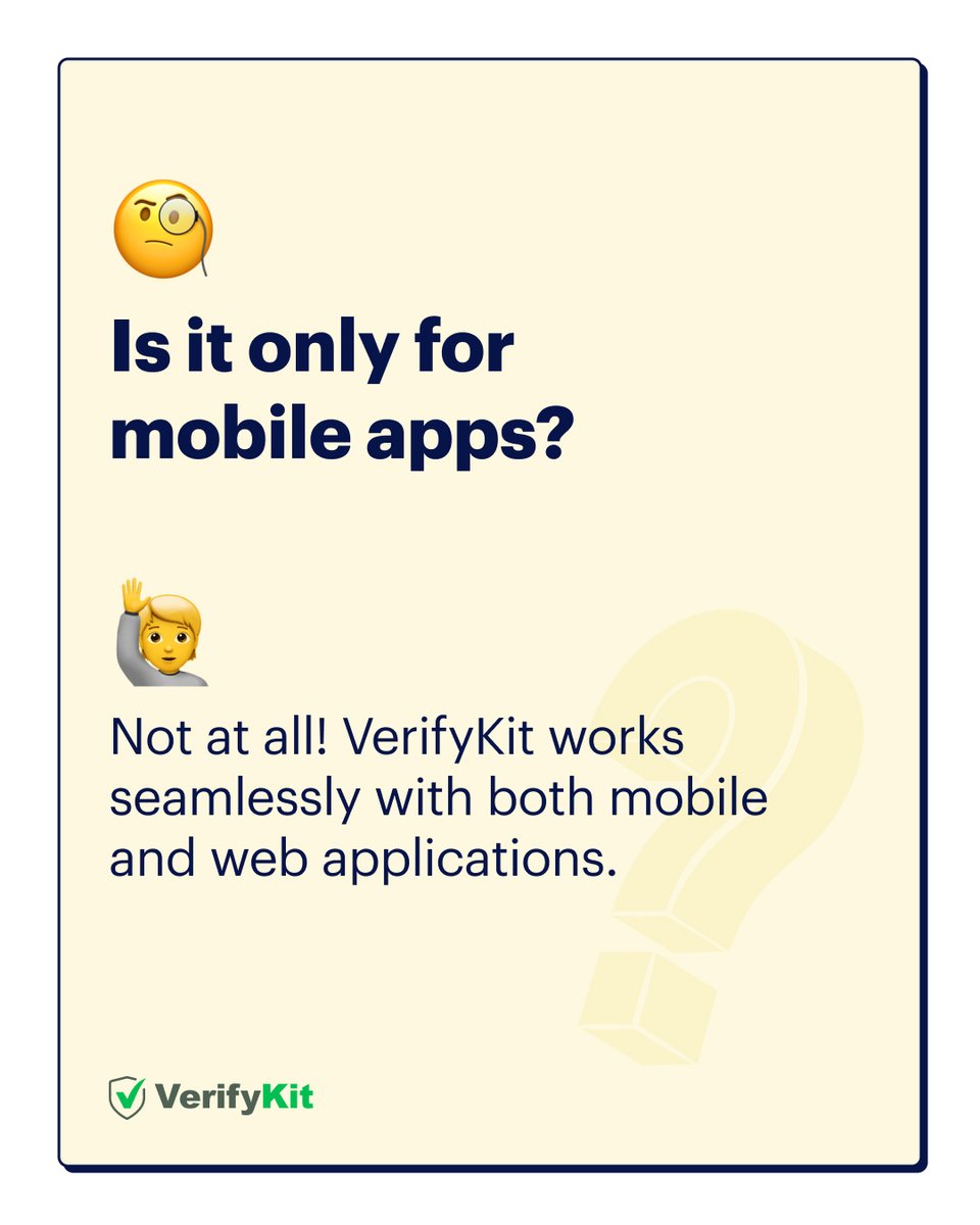 vrfykit's tweet image. Many people ask: ‘Is #VerifyKit only for mobile apps?’
🙋‍♀️ Of course not! You can easily integrate it into web applications too.