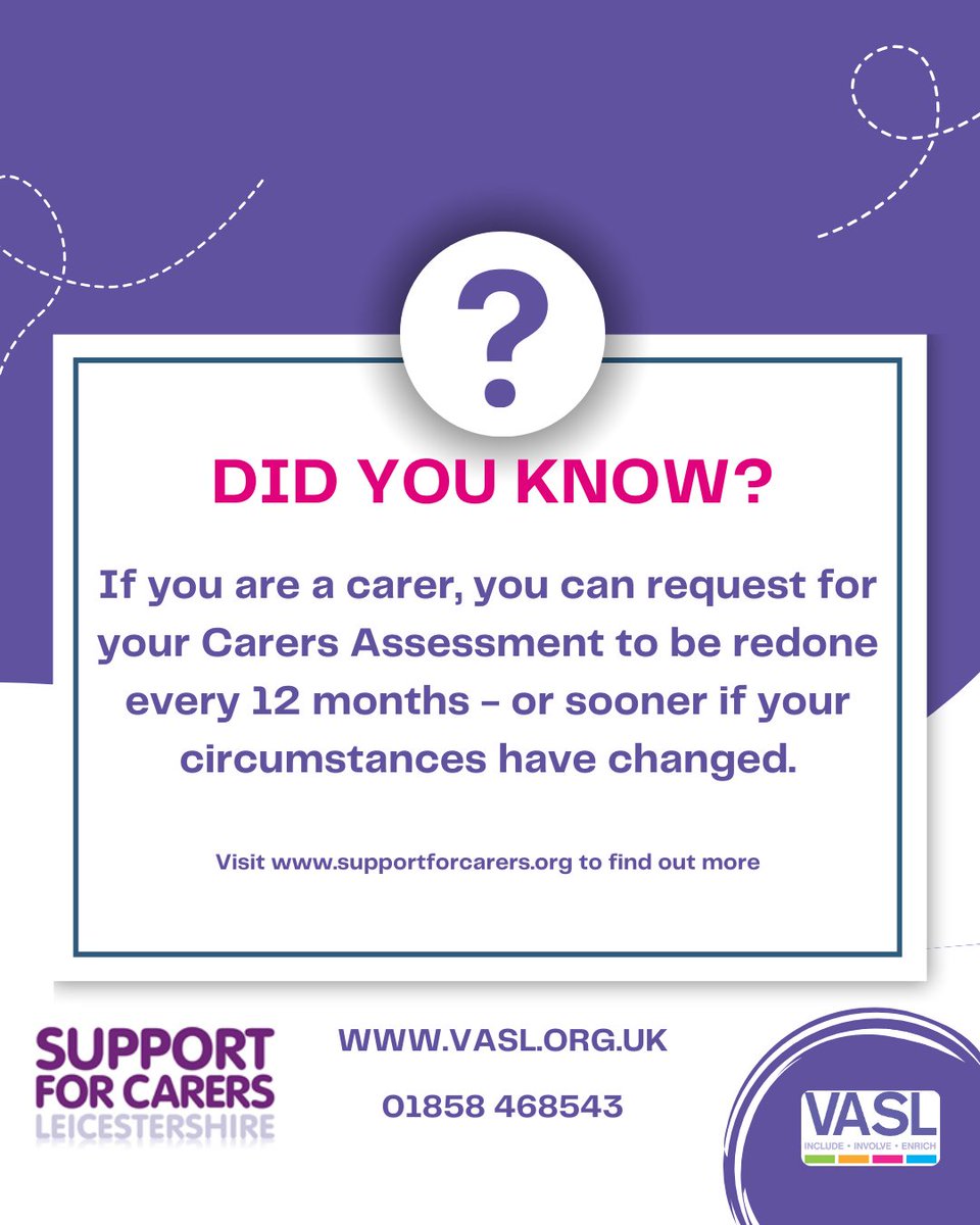 VASL:  Your local charity (@vaslonline) on Twitter photo Call our Support for Carers team on 01858 468543 if your circumstances have changed or it's been 12 months for your Carers Assessment. Call our Support for Carers team on 01858 468543 if your circumstances have changed or it's been 12 months for your Carers Assessment.