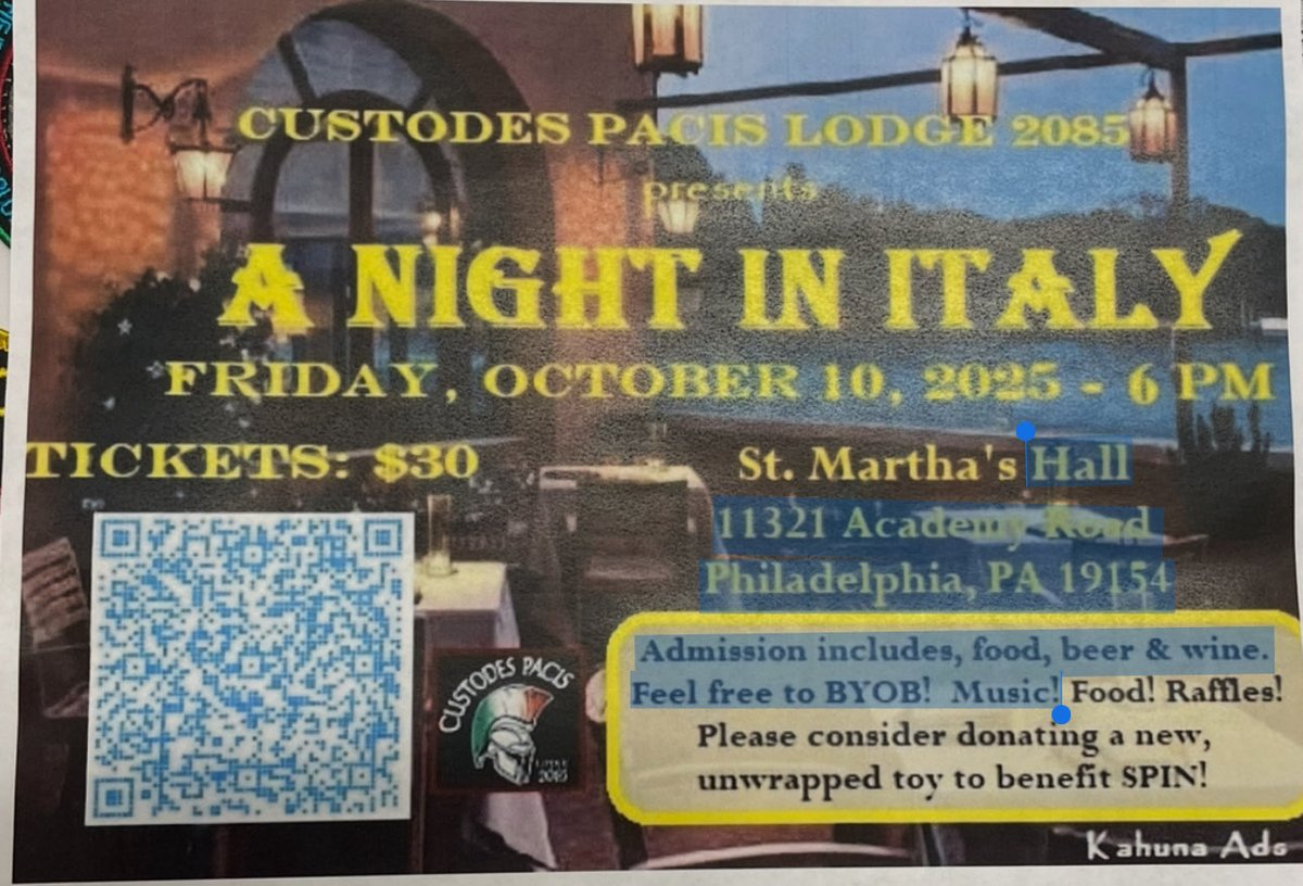 SgtDragon8's tweet photo. If your looking for something Fun to do Tomorrow Night (Friday-Oct 10th) please come out and Support the Philadelphia Police Department-Custodes Pacis Lodge 208 for Great Food &amp; Cheer at their “A Night In Italy “ Fundraiser @ St. Martha’s Hall.  Have an Amazing Day &amp; Stay Safe! https://t.co/wGOI5A8yKY