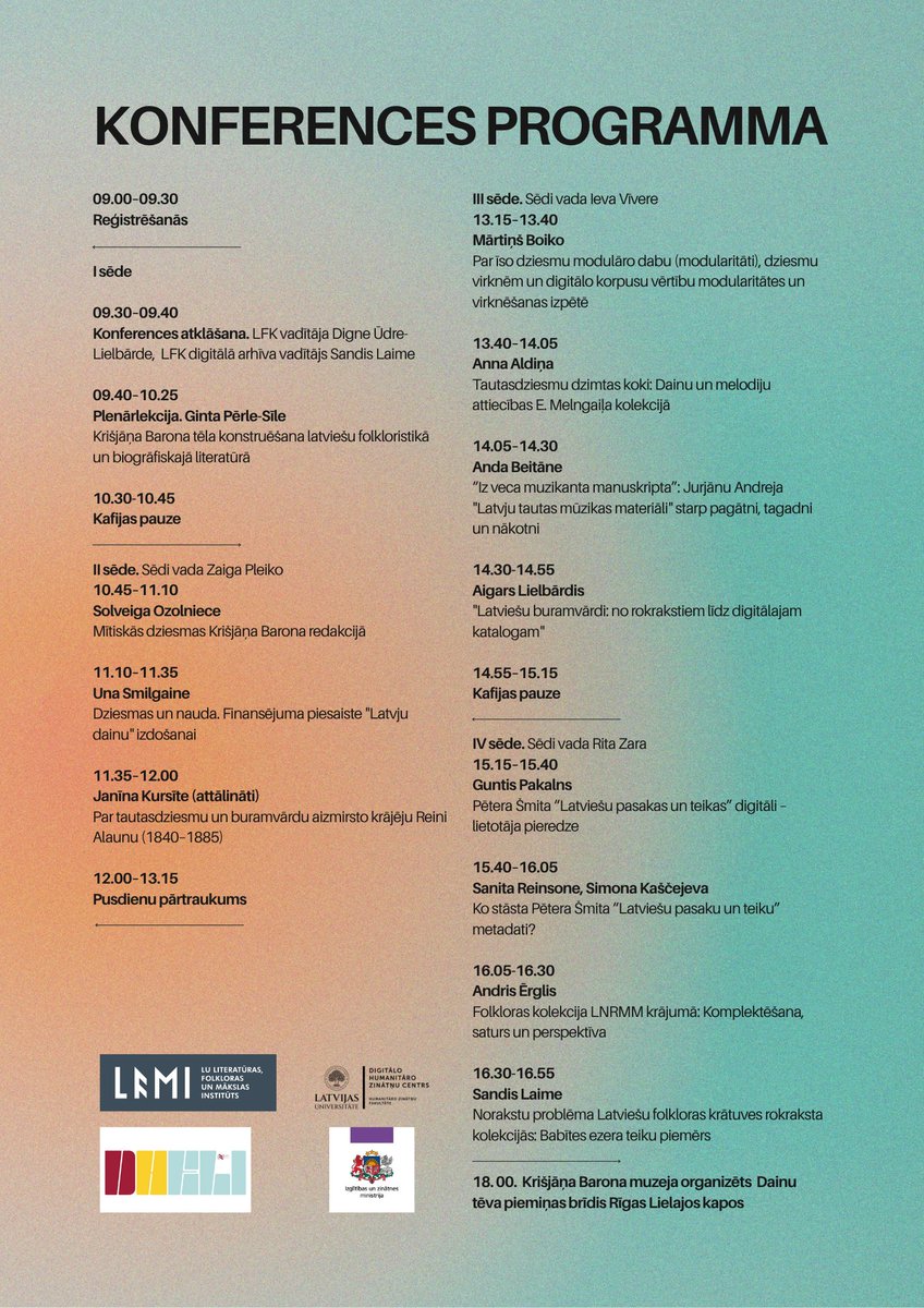 31. oktobrī Rīgā, Kalpaka bulvārī 4 norisināsies LU LFMI Latviešu folkloras krātuves un LU Humanitāro zinātņu fakultātes organizētā Krišjāņa Barona konference 2025.