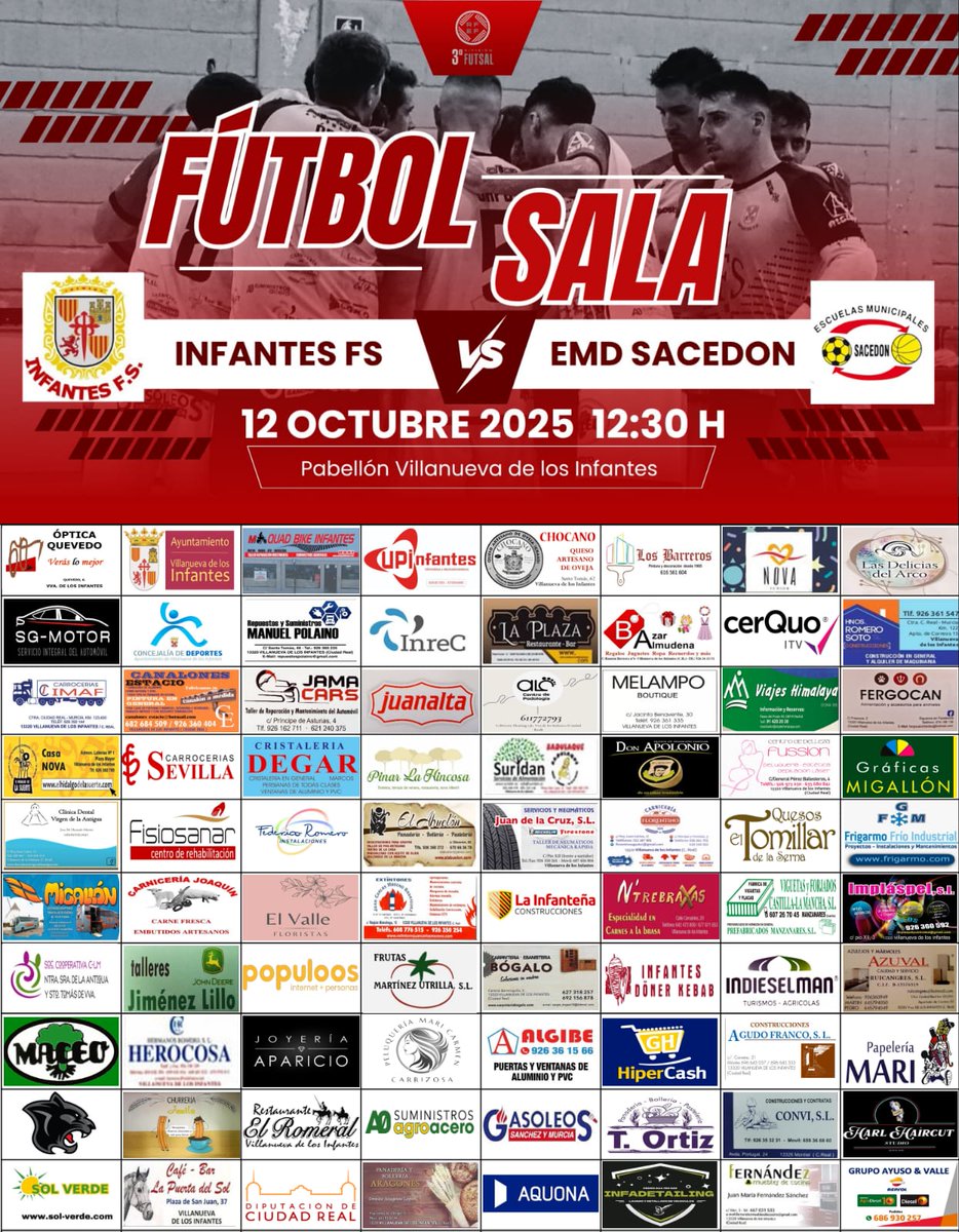 TERCERA FUTSAL RFEF 25-26  (J 5)
📅 Domingo  12 octubre
🕒 12,30 horas
🆚   <a href="/SacedonFs/">E.M.D SACEDÓN</a>
🏟️ Pabellón Municipal Infantes

PRIMERA SALIDA.