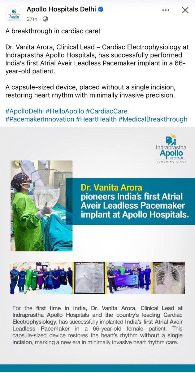 vanitarora's tweet image. Minimally invasive, maximum impact! Successfully performed AVEIR AR Leadless Pacemaker implantation, offering new hope to patients with Sinus Node Dysfunction. #LeadlessPacemaker #CardiacCare #ApolloHospitals
#AveirAR