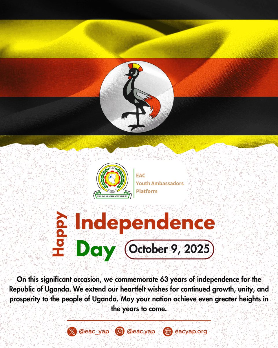 On this significant occasion, we commemorate 63 years of independence for the Republic of #Uganda🇺🇬. We extend our heartfelt wishes for continued growth, unity, and prosperity to the people of Uganda. May your nation achieve even greater heights in the years to come.

#UgandaAt63