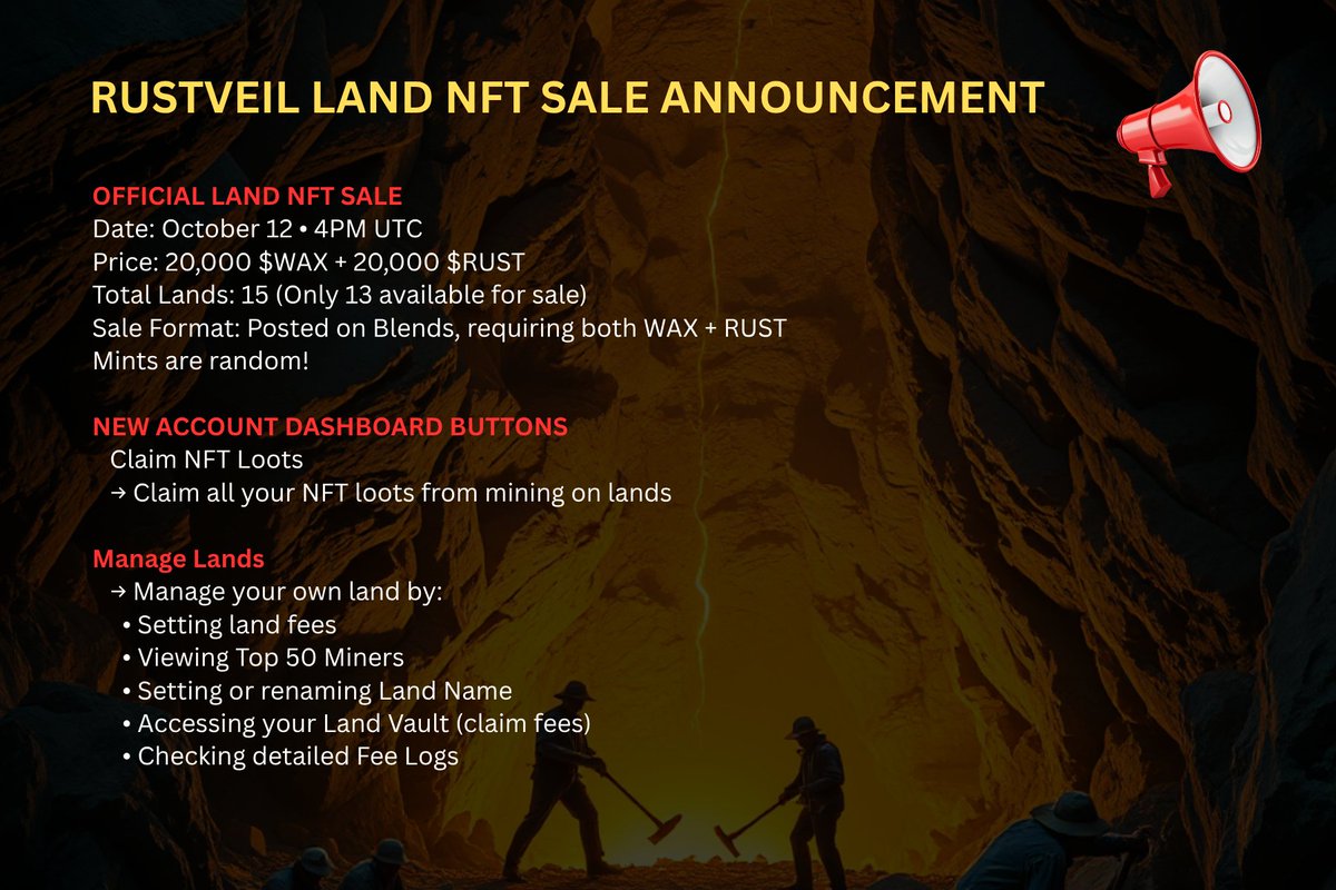 rustveilgame's tweet photo. 📢OFFICIAL LAND NFT SALE!
Prepare your wallets, sharpen your tools, and get ready to mine on your very own land!
$rust $wax #rustveil #nftgames #airdrop https://t.co/0zXZOCELyK