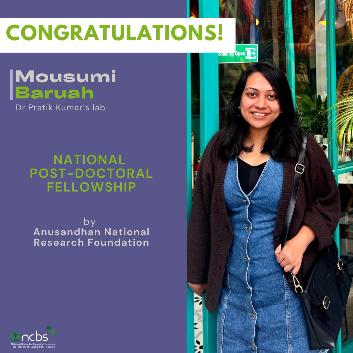 #AwardHighlight
<a href="/mousumibaruah03/">Mousumi Baruah</a>, post-doctoral researcher from Dr Pratik Kumar's lab, is the recipient of the National Post-doctoral Fellowship (N-PDF) by <a href="/ANRFIndia/">Anusandhan National Research Foundation</a> 
Congratulations!🎉

<a href="/prat_i_k/">Pratik Kumar</a> <a href="/NCBS_Bangalore/">National Centre for Biological Sciences</a> <a href="/TIFRScience/">Tata Institute of Fundamental Research</a>