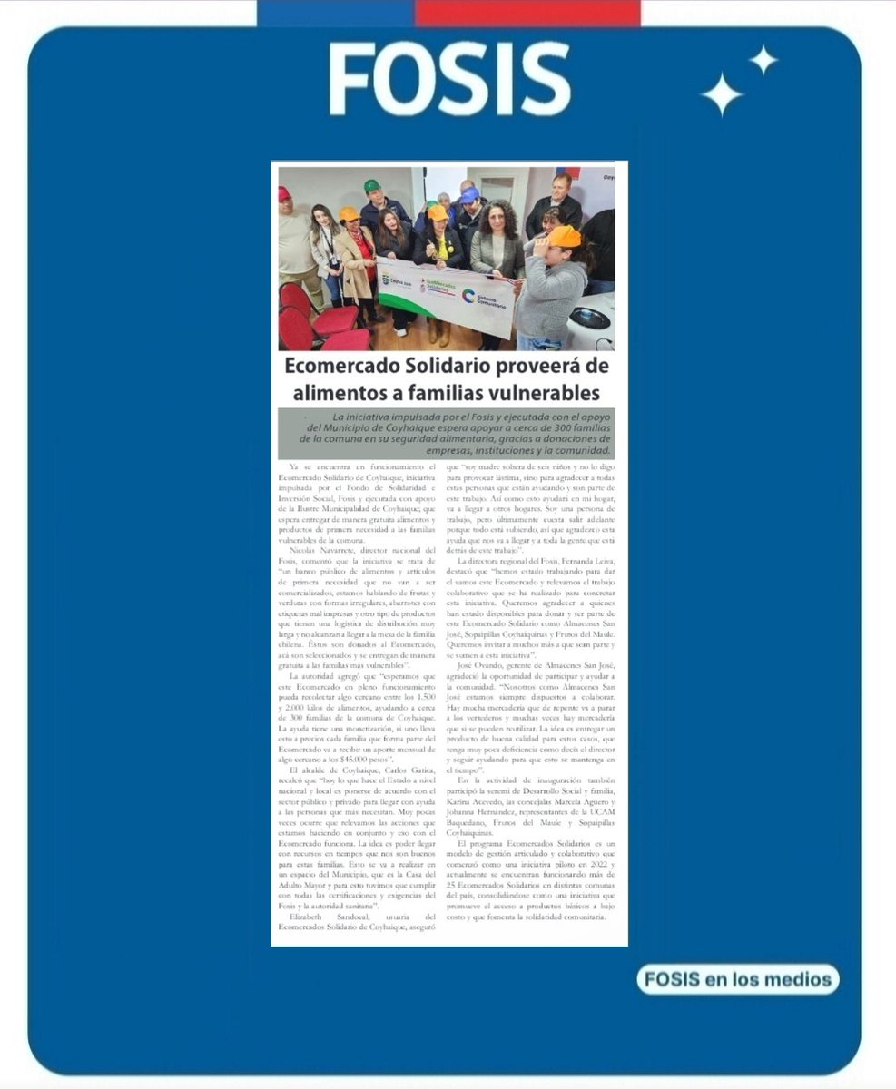Hoy prensa <a href="/ddivisadero/">El Divisadero</a> destaca inauguración de Ecomercado Solidario de Coyhaique, iniciativa del FOSIS que espera proveer de alimentos a 300 familias vulnerables de nuestra comuna, gracias a la ejecución de la Municipalidad de Coyhaique.

#ChileAvanzaContigo
