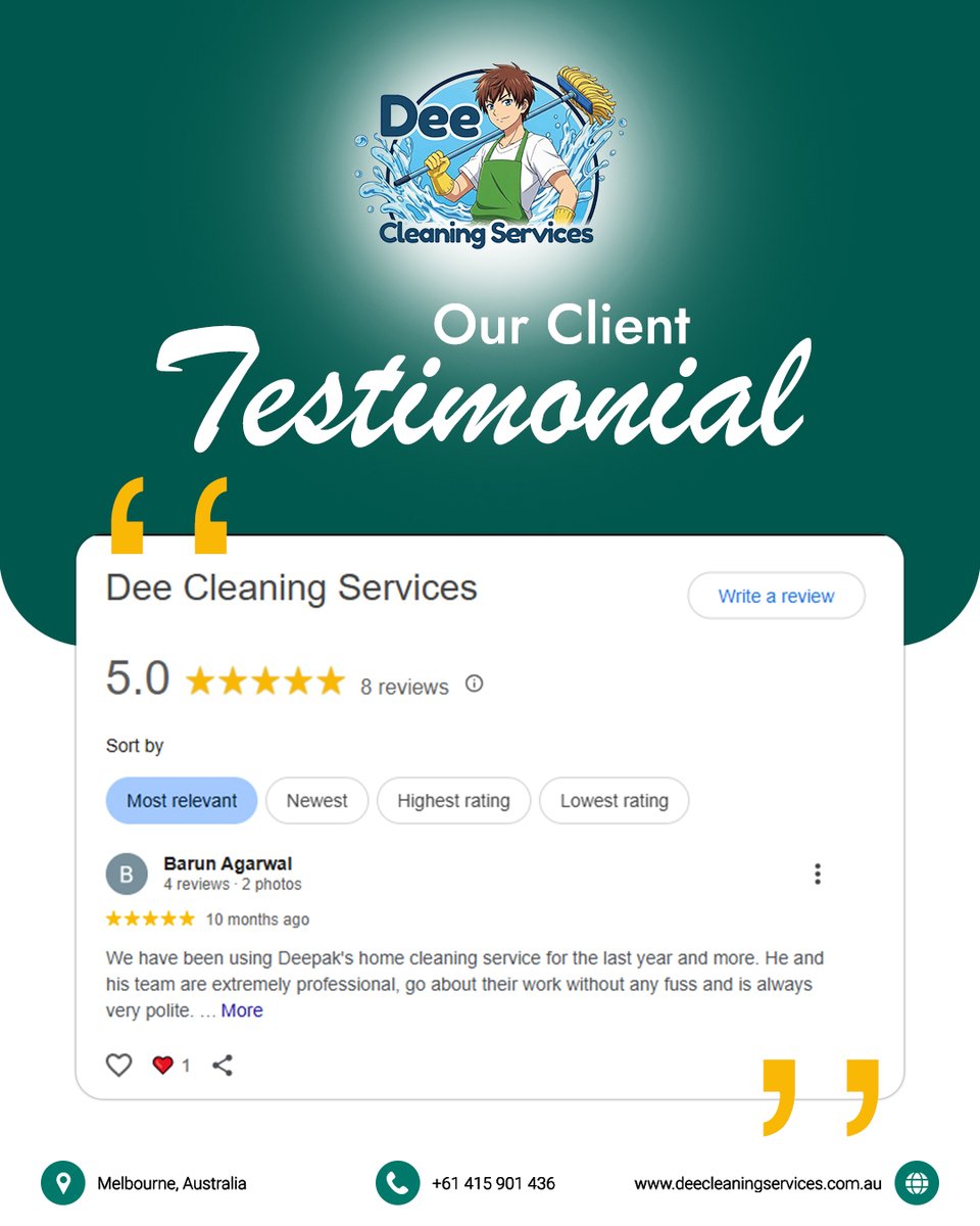 deecleaningau's tweet image. Another happy client, another shining review! 
At Dee Cleaning Services, we deliver spotless results with professionalism and care. 
Book our services today!
Phone: +61 415 901 436
#cleaningday #cleaningcrew #spotlessclean #melbournecleaning #cleaninggoals #deeclaningservices