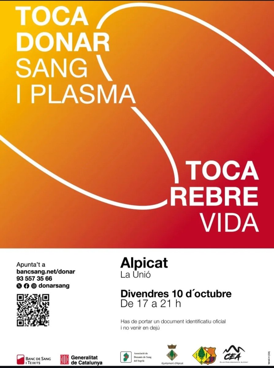 #Alpicat
Divendres,10 d’octubre 
De 17:00 a 21:00
Sala La Unió,Major,26-28
@donants_urgell @Donants_segarra <a href="/hospitalclinic/">Hospital Clínic</a> <a href="/COMBarcelona/">Col·legi Metges BCN</a> @FCDS <a href="/COMLLEIDA/">Col·legi de Metges de Lleida</a> <a href="/morenin69/">Morenin69 Alcarràs</a> <a href="/semgencat/">SEM. Generalitat</a> <a href="/dsangPLAdURGELL/">donantssang_plaurgell</a> <a href="/donants_segria/">Donants Sang Segria</a> <a href="/donarsang/">Banc de Sang</a> <a href="/Bancdesang/">BANCESANGSALLEBCNETA</a> @Salutcat