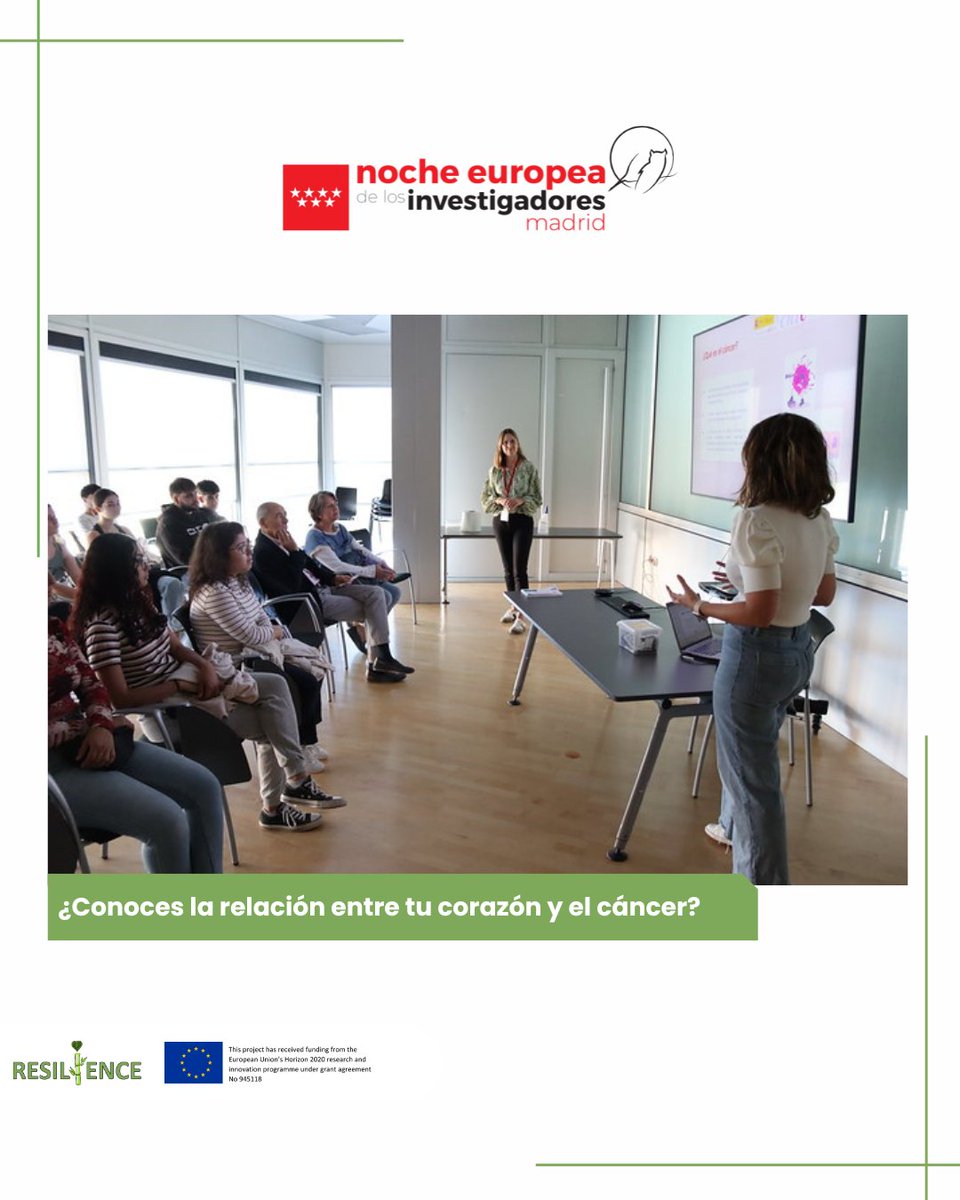 resilienceH2020's tweet photo. ✨ Revivimos la #NocheDeLosInvestigadores en el @CNIC_CARDIO, junto al IES San Juan de la Cruz de Pozuelo 

En la charla “¿Conoces la relación entre el corazón y el cáncer?” compartimos cómo #RESILIENCEh2020 investiga los vínculos entre ambas enfermedades. 💓🎗️

#CardioOncología https://t.co/JcFlJ69P28