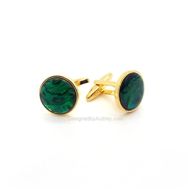 Spectacular  Green Cufflinks - Green Paua Shell Cufflinks – Emerald Green Paua Shell Cufflinks 15mm by #DesignedbyAudrey.  Great men's #handmade dress shirt and suit accessories buff.ly/3WZIBf9 via <a href="/Etsy/">Etsy</a>