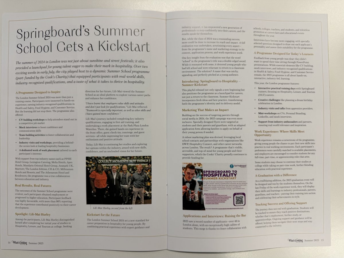 Springboard_UK's tweet image. 📰 Exciting news! Hospitality: Summer Kickstart is featured in the Worshipful Company of Cooks’ “What’s Cooking” (Summer 2025)!
Our Summer School helps young people gain hospitality skills &amp;amp; confidence for future careers. 🙌 Thanks @cooks_livery!
#Springboard #Hospitality
