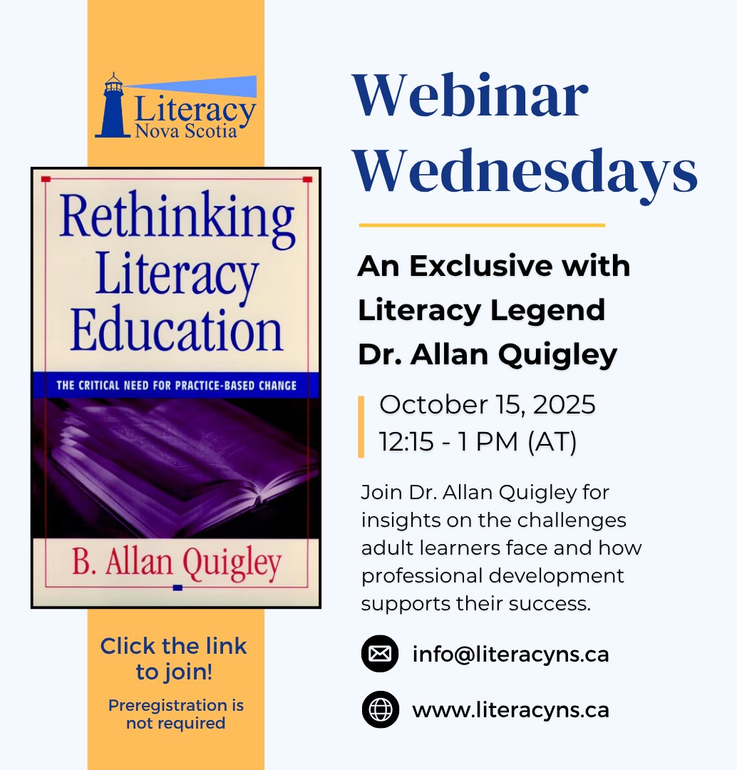 Join us for Webinar Wednesdays. Our next session is October 15, from 12:15–1PM on Zoom. This special session features literacy legend Dr. Allan Quigley, a renowned expert with more than 50 years in adult education. No registration needed, click to join: tinyurl.com/LNSWebinarWedn….