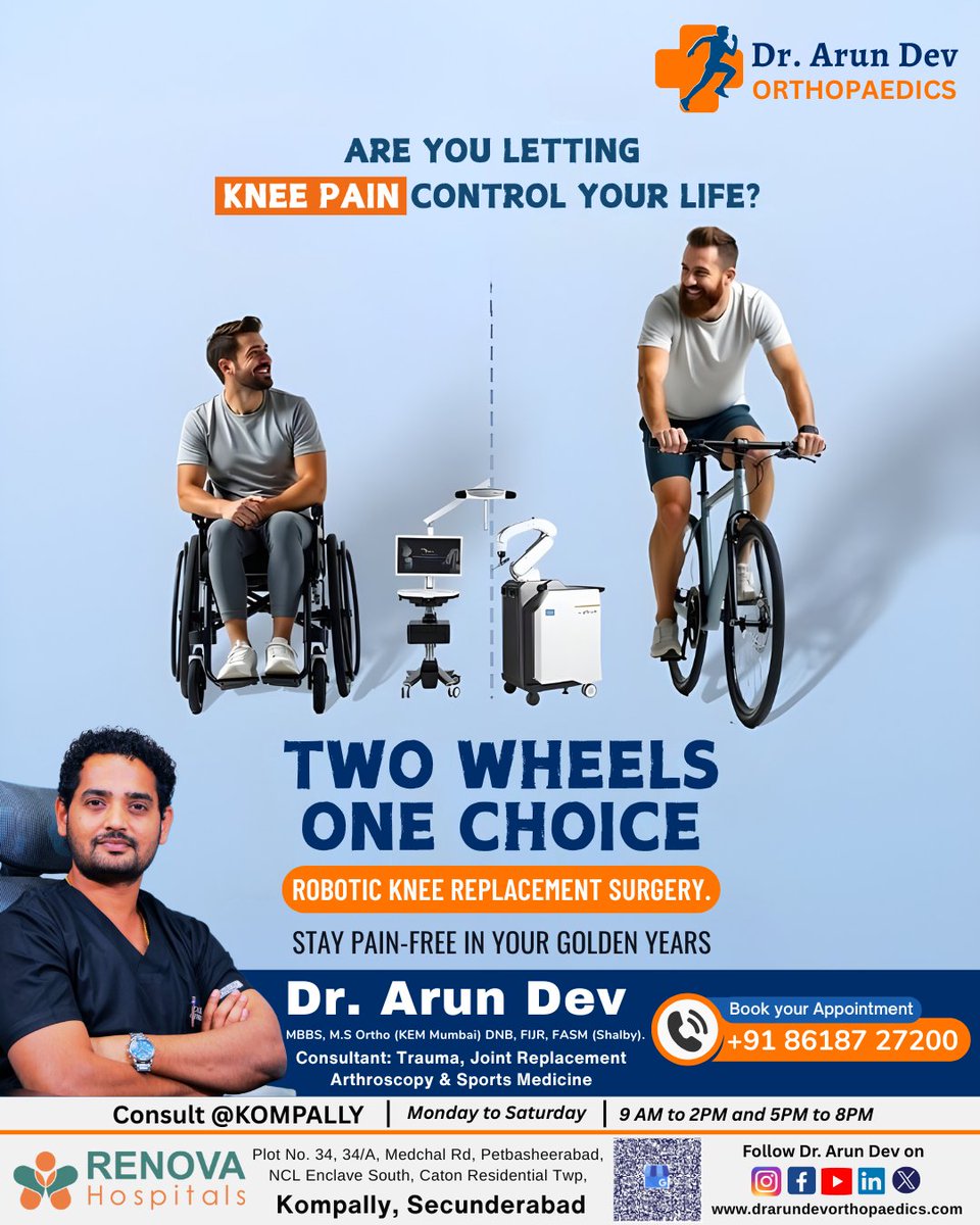 DrArunDev_Ortho's tweet image. Are you letting knee pain control your life? 🦵

Don’t let pain hold you back from the things you love. With Robotic Knee Replacement Surgery, regain your mobility and confidence — pain-free.

#RoboticKneeReplacement #Orthopaedics #DrArunDev #RenovaHospitals #JointReplacement