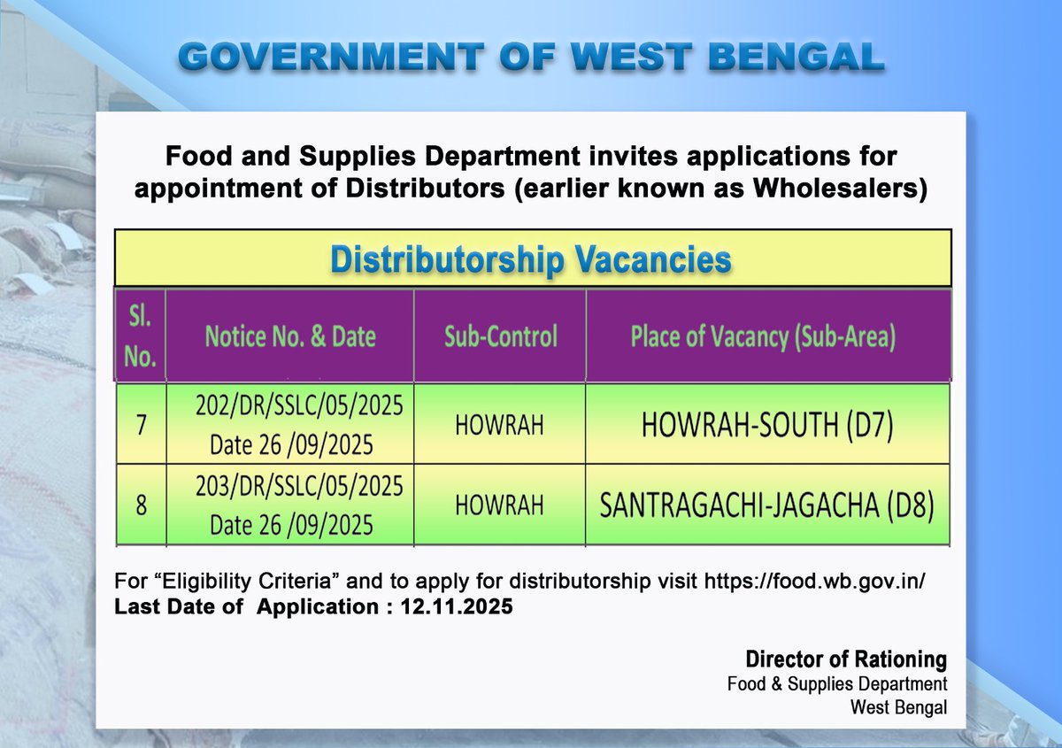 Department of Food and Supplies, Government of WB (@wbdfs) on Twitter photo Food & Supplies Department, Government of West Bengal is declaring vacancies for Distributorship.
To check, visit: tinyurl.com/yfw3v8d8 
To apply, visit: tinyurl.com/2bybddt2 
#egiyebangla
#khadyasathi
<a href="/egiye_bangla/">Egiye Bangla</a> Food & Supplies Department, Government of West Bengal is declaring vacancies for Distributorship.
To check, visit: tinyurl.com/yfw3v8d8 
To apply, visit: tinyurl.com/2bybddt2 
#egiyebangla
#khadyasathi
<a href="/egiye_bangla/">Egiye Bangla</a>