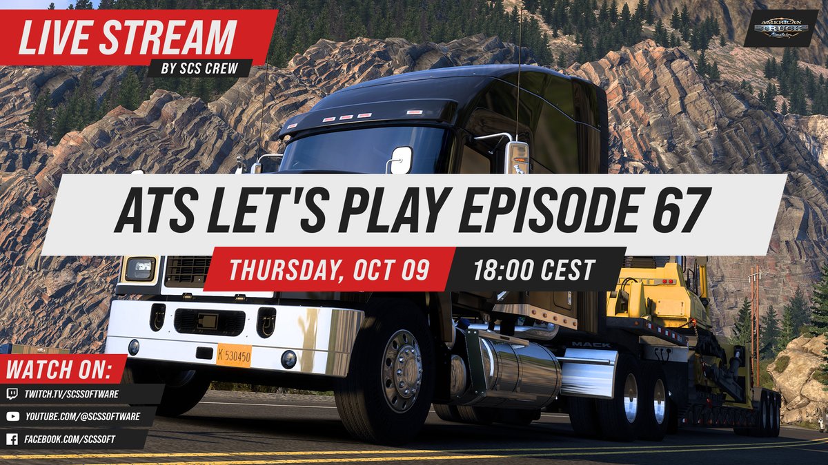 SCSsoftware's tweet image. Highway Haulin&apos; 😎

Join us today from 6pm CEST for our Let&apos;s Play American Truck Simulator live stream series! 🚛🇺🇸

Tune in at: 
🟣 Twitch.tv/SCSSoftware
🔴 YouTube.com/SCSSoftware
🔵 Facebook.com/SCSSoft