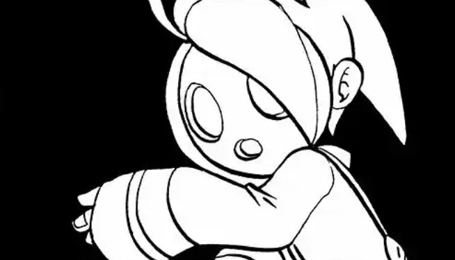 ES MUY ALTO. NO TIENE OJOS. LE DA MIEDO. Se quedó helado, no sabe como reaccionar.