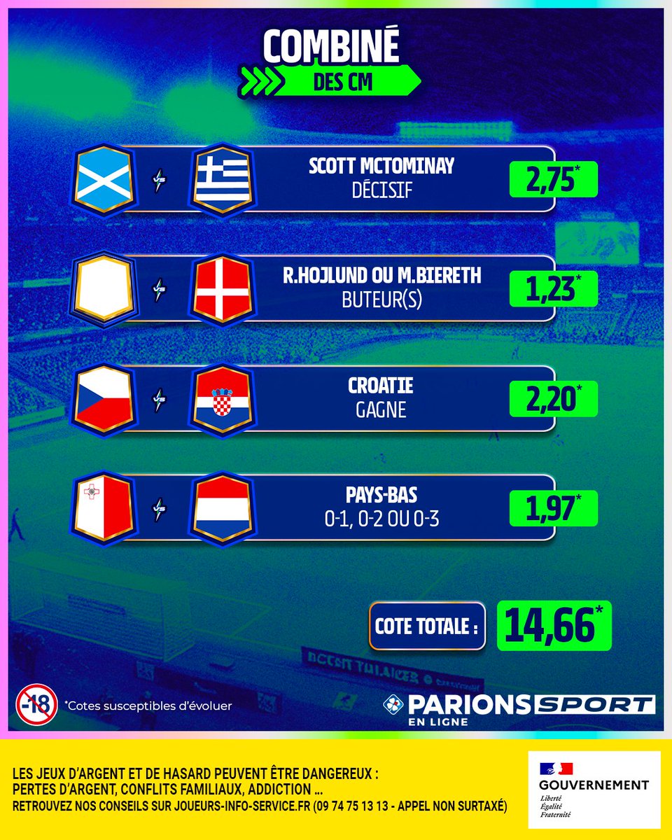 Le Combi des CM pour la première soirée de qualifs à la Coupe du monde ! 🔥

Ça fait 3/4 🟰 5x20€ de Freebets. Pour jouer :
1️⃣ RT
2️⃣ Follow

📆 TAS le 10/10
📃 Règlement : bit.ly/45Ljuky