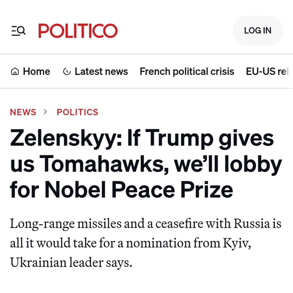 The Nobel Peace Prize appears to have lost its meaning when it requires triggering WW3