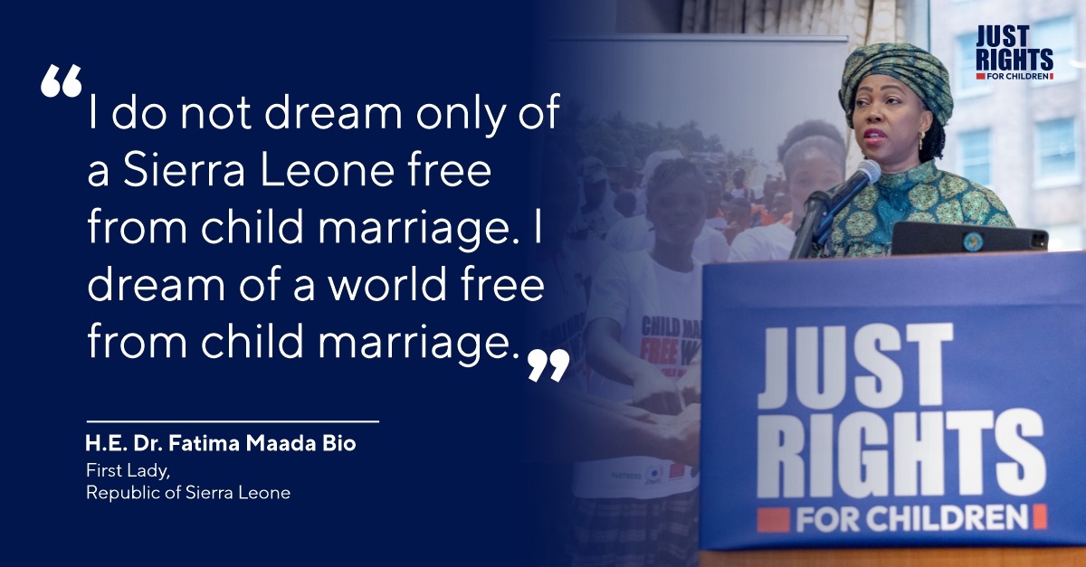 On September 25 at #UNGA80, global leaders convened for our high-level side event, “Creating a Child Marriage Free World: Building the Case for #Prevention, #Protection and #Prosecution.” 

H.E. Dr. Fatima Maada Bio <a href="/FirstLadyBio/">H. E.  Fatima Maada Bio</a>, First Lady of Sierra Leone, shared a powerful
