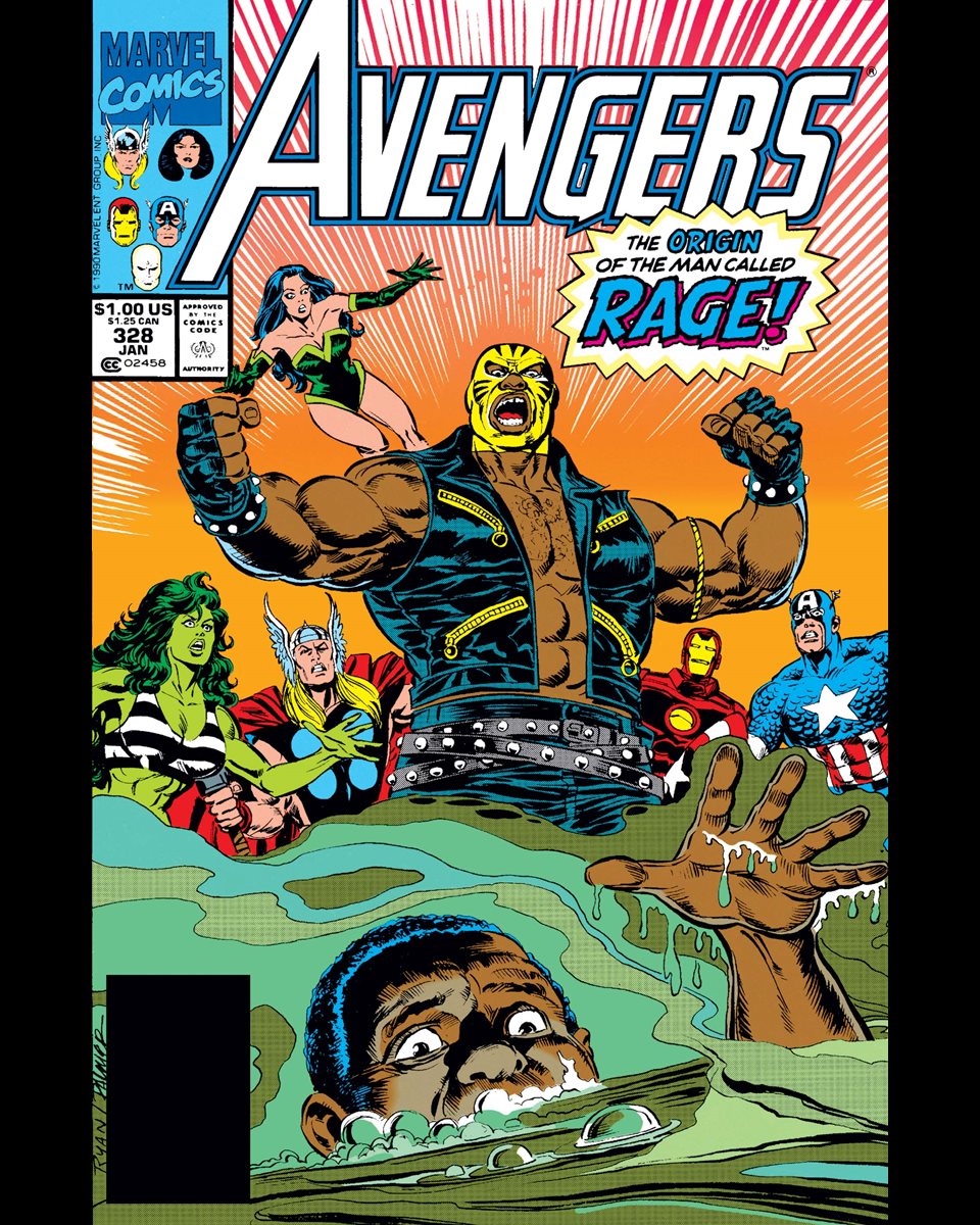 Avengers #328 cover dated January 1991.

After an attack from the Unspeakable One, the Avengers plan a retreat to their home dimension with Ramskov in tow. Plus, the origin of Rage revealed!