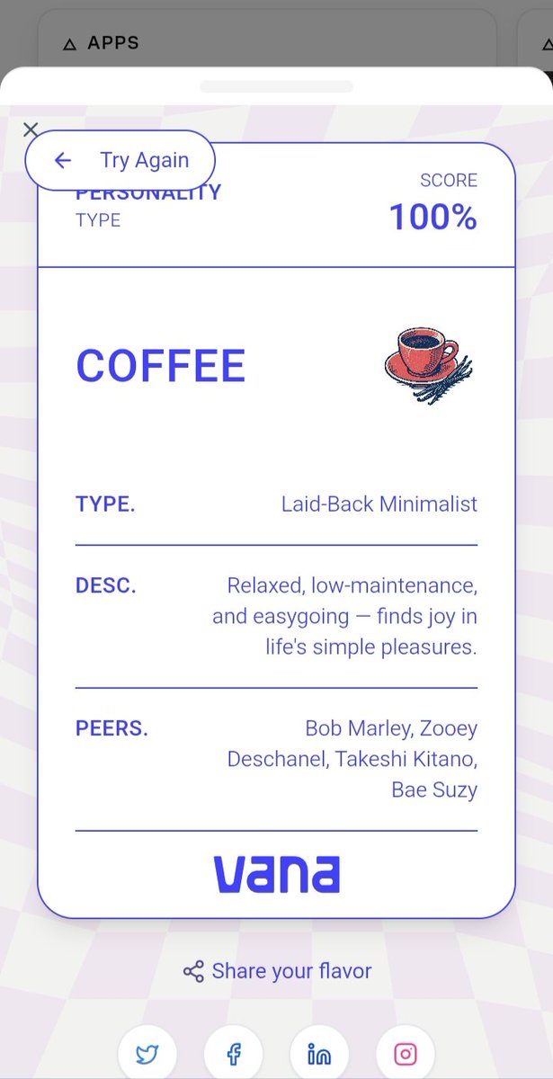 If I was an Ice Cream Flavour, I'd be Coffee, Relaxed, low-maintenance, and easygoing — finds joy in life's simple pleasures..
Taste your data: app.vana.com #datarevolution
<a href="/vana/">vana</a>