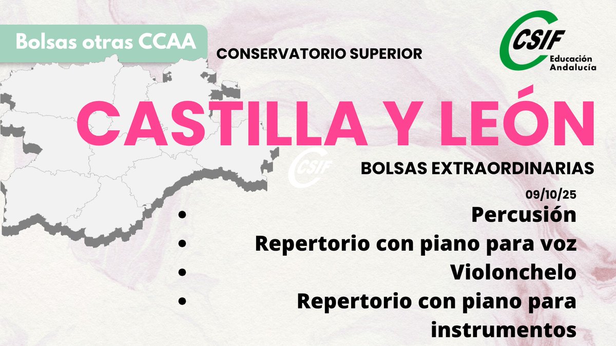 CSIFenseA's tweet image. 📢 Castilla y León - Bolsa extraordinaria. Catedráticos de Música y Artes Escénicas

Modificada  la convocatoria de listas extraordinarias del Cuerpo de Catedráticos de Música y Artes Escénicas, afectando a las especialidades de:
🎵 Percusión
🎤 Repertorio con piano para voz
🎻…