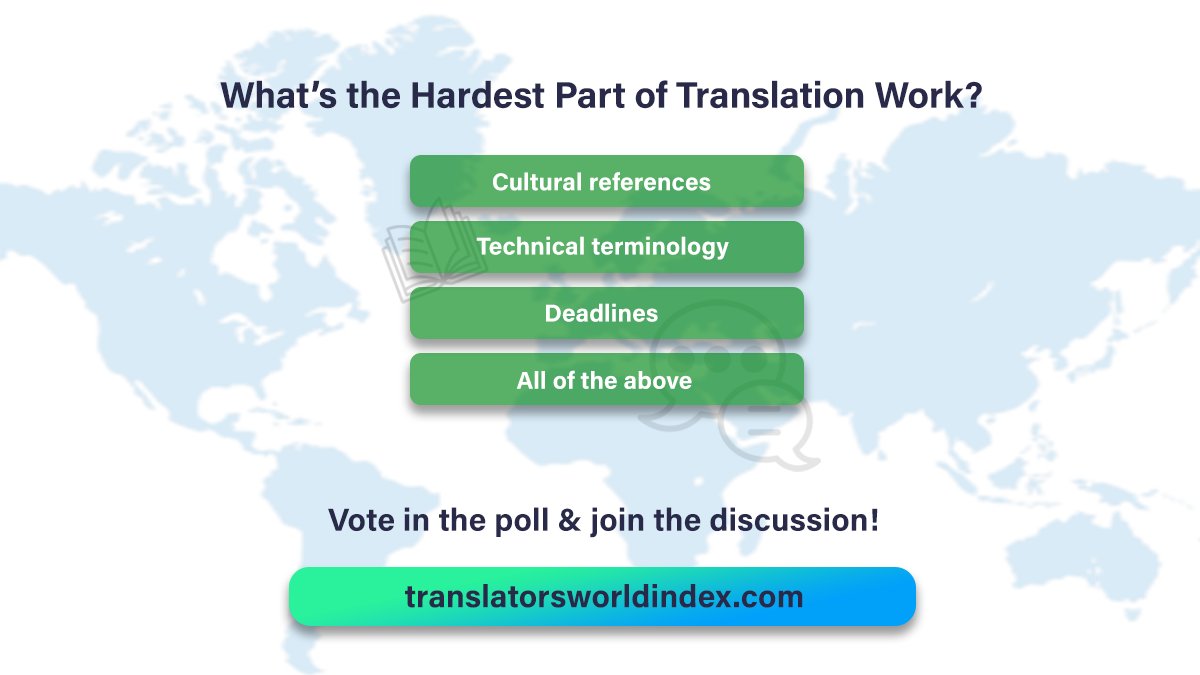TranslatorsWI's tweet image. What’s the hardest part of translation work? 🤔✍️

Vote in the comments and share your thoughts with us! 💬

#Translation #ProfessionalTranslators #LanguageServices #TranslationCommunity #TranslatorsWorldIndex #Translate #GlobalConnections
#ترجمة #مترجمون #خدمات_ترجمة