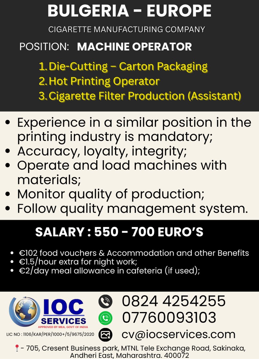 iocsgroup's tweet image. Join our team as a Machine Operator in Bulgaria! Earn €550-700, enjoy food vouchers & accommodation. Experience in printing, accuracy & integrity required. Apply now or share!
#MachineOperator
#CigaretteManufacturing
#ManufacturingExpert
#IndustrialMachines