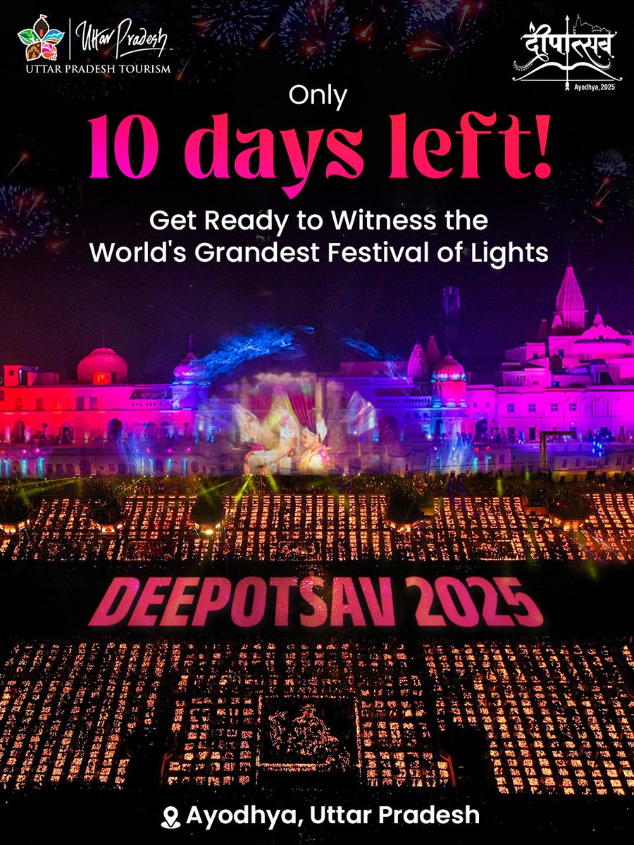 uptourismgov's tweet image. The wait is almost over! In just 10 days, experience the world’s grandest celebration of light - Deepotsav in Ayodhya, Uttar Pradesh.
A spectacle of divine lights, where faith, joy, and devotion converge!
#Deepotsav2025 #AyodhyaDeepotsav #LightOfFaith #DivineAyodhya…