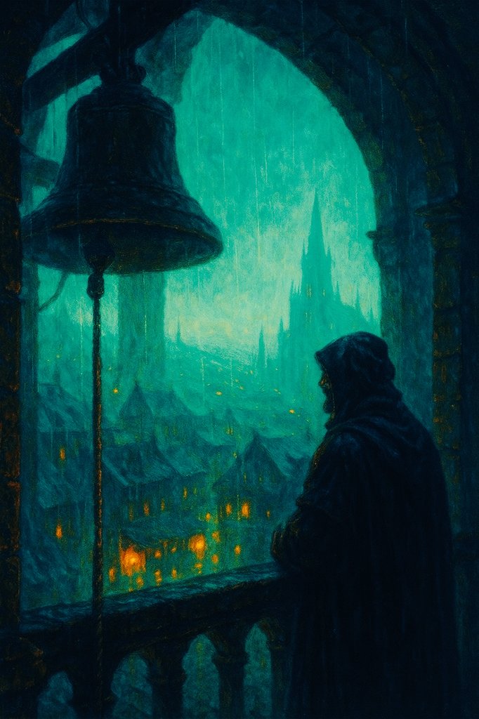 The higher I climb, the smaller the Light becomes. Maybe that’s the only way to love it; from far enough that it can’t see me. 

From up here the city glows like a memory trying to be forgiven. The bells don’t ring anymore. I think they’re tired too.

#PulpFable #digitalart #art
