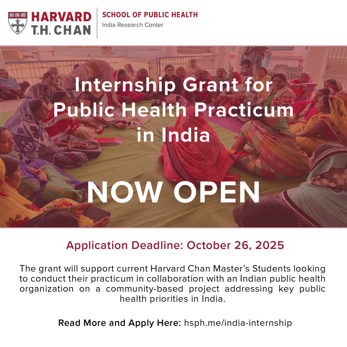 Applications OPEN for our India Internship Grant!
<a href="/HarvardChanSPH/">Harvard T.H. Chan School of Public Health</a> Master's students: Apply for up to INR 5,00,000 (~$5,700) to conduct your practicum with a community-based public health organization in India.

Read more: hsph.me/india-internsh…