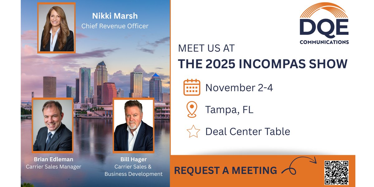 DQE_Comm's tweet image. We’re heading to Tampa for #INCOMPAS2025! 🌴☀️
Catch us Nov 2–4 with:
🔹 Nikki Marsh
🔹 Brian Edleman
🔹 Bill Hager
Let’s talk telecom, trends &amp;amp; team-ups.
📅 Scan the QR Code to book a time with us! 
#DQECommunications #MeetTheTeam #TampaEvents