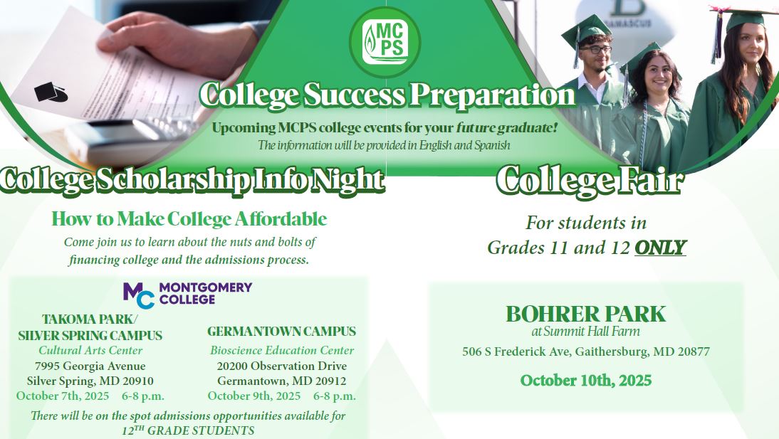 MCPS's tweet image. 🟢 Bohrer Park – College Fair (Grades 11–12)
📢 11th and 12th grade students:
Don’t miss the College Fair! 🎪🎓
📅 Oct 10 | 📍Bohrer Park, Gaithersburg
🔗 Register by speaking with your career counselor.
#CollegeFair #Grades11and12
