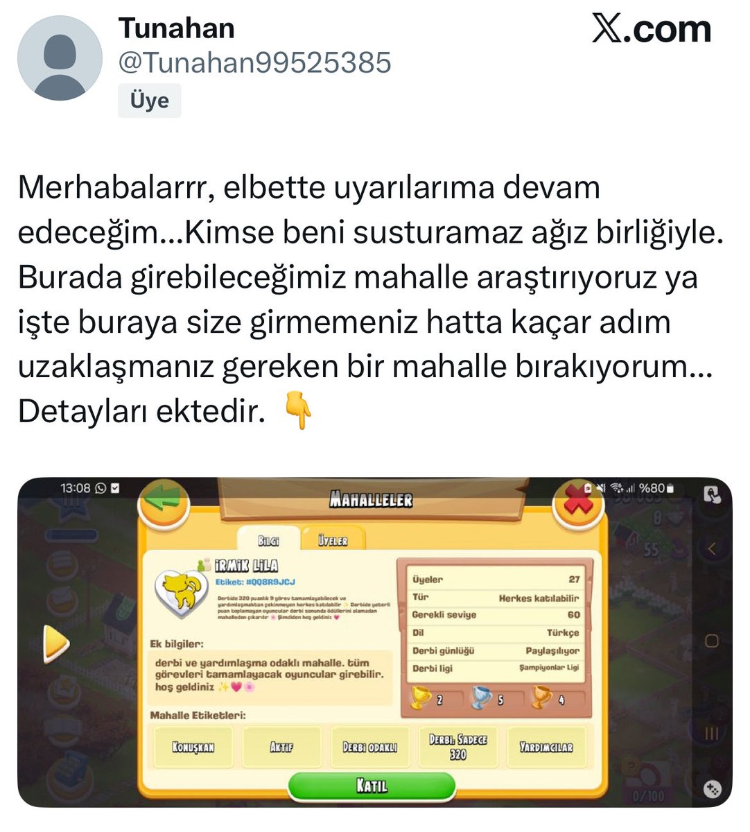 lilapause0_'s tweet photo. Ben günlerdir bu arkadaşın tweetlerinde bahsettiği mahallenin lideriyim. Öncelikle mahallemiz sadece derbi odaklı değil, mahallenin açıklamasında gözüktüğü gibi aynı zamanda yardımlaşma odaklı bir mahalle + https://t.co/7u8KdGO8sP