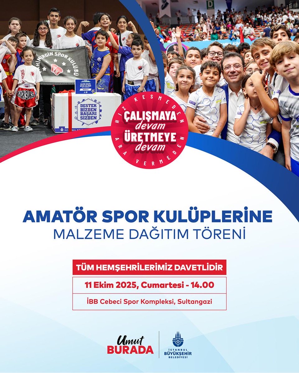 Amatör sporcuları destekliyor, spor kulüplerine ihtiyacı olan malzemeleri ücretsiz olarak dağıtıyoruz.

🗓️11 Ekim 2025 Cumartesi
🕑14.00
📌İBB Cebeci Spor Kompleksi, Sultangazi