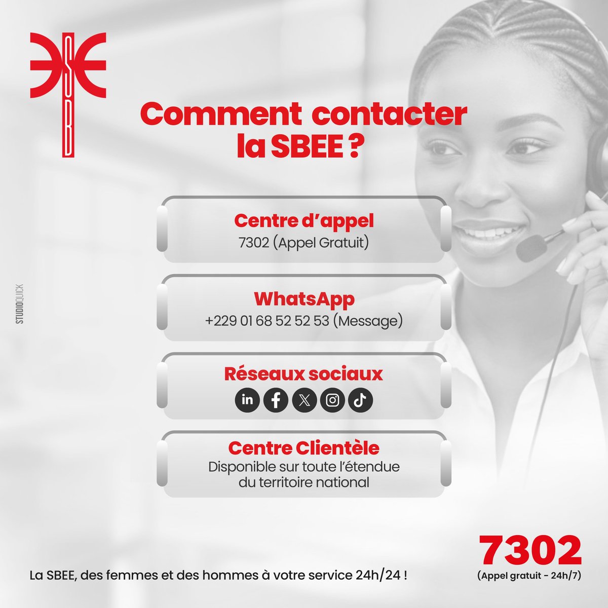 SbeeOfficiel's tweet image. Un besoin, une préoccupation, une question ?

Plusieurs canaux sont à votre disposition pour nous joindre à tout moment.

La SBEE, des femmes et des hommes à votre service, 24h/24 !

#SBEE #SemaineduServiceClient #votresatisfactionnotreenergie #Wasexo