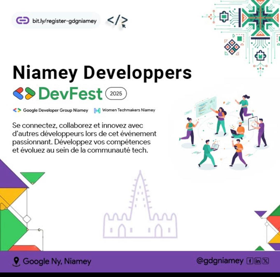 👩🏽‍💻 Tu es étudiant, passionné ou curieux de #numérique ?

Ne ratez pas cette évènement 100% #Tech 
#DevFestNiamey 🇳🇪 
Rendez-vous : 
📅 Samedi 11 Oct
📍 ESCEP
🕗 8h à 17h

👉 Réserve ta place ici : gdg.community.dev/events/details…