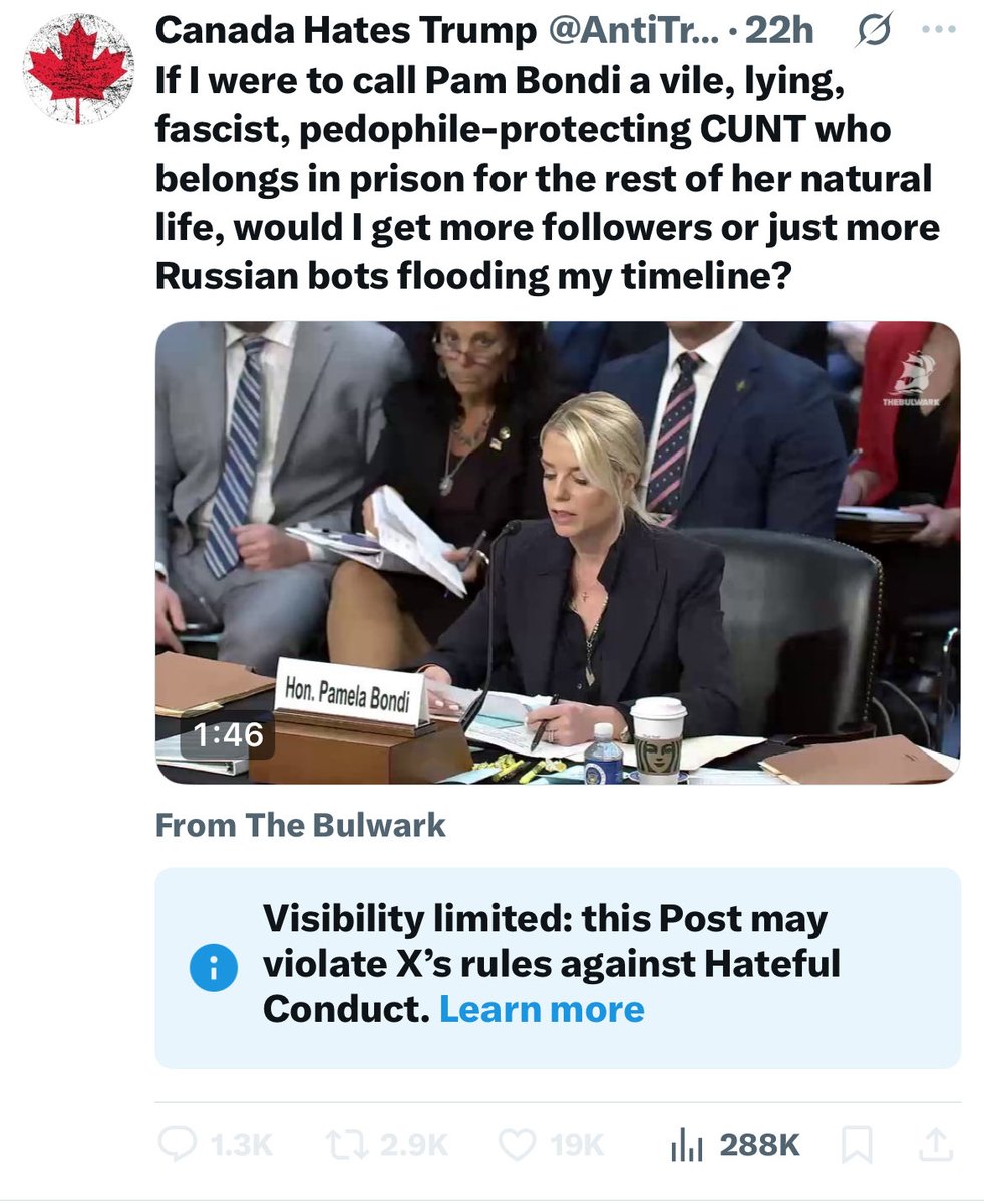 Apparently, “hateful conduct” now means telling the truth about Pam Bondi. I may have lost visibility for my tweet, but gained 2,000 followers! Thank you everyone. Let’s keep exposing Trump’s fascist regime, louder than ever. 👊🏼
