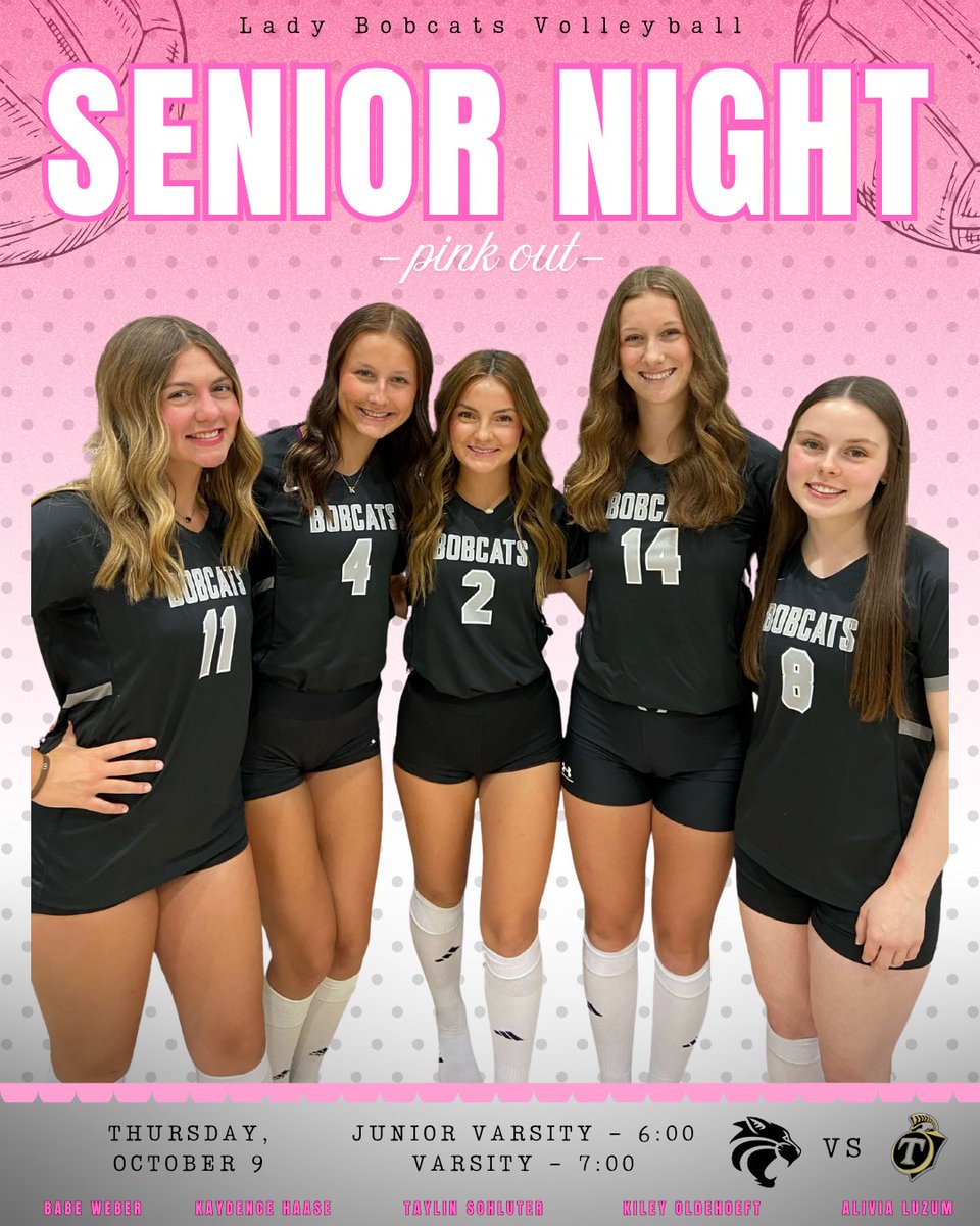 🏐 IT'S GAME DAY! 🏐
It's also senior night! Come cheer on your Lady Bobcats for their LAST HOME GAME of the season!

Details Below:
🗓️ Thursday, 10/9
🆚 Thayer Central
📍 Friend
⏰️ J.V. - 6:00
⏰️ V. - 7:00
📺️ Striv
🎤 EMF Network