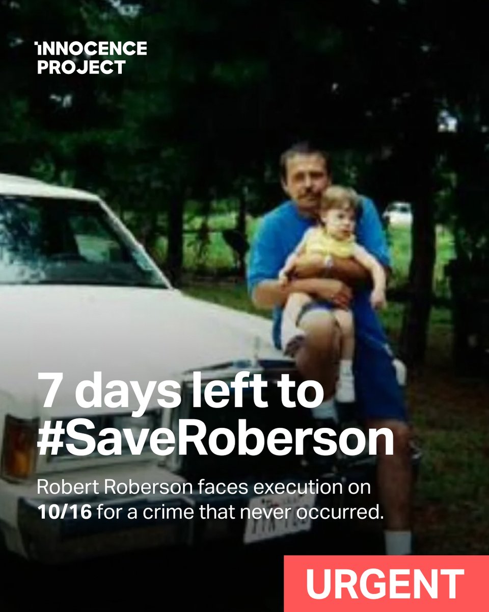 innocence's tweet image. We have just 7 days left to stop Texas from executing #RobertRoberson — an innocent man on death row. Please, take a moment to call @GregAbbott_TX and urge him to do the right thing and grant Robert a stay of execution at 737-277-6778. Find a script here: saveroberson.org