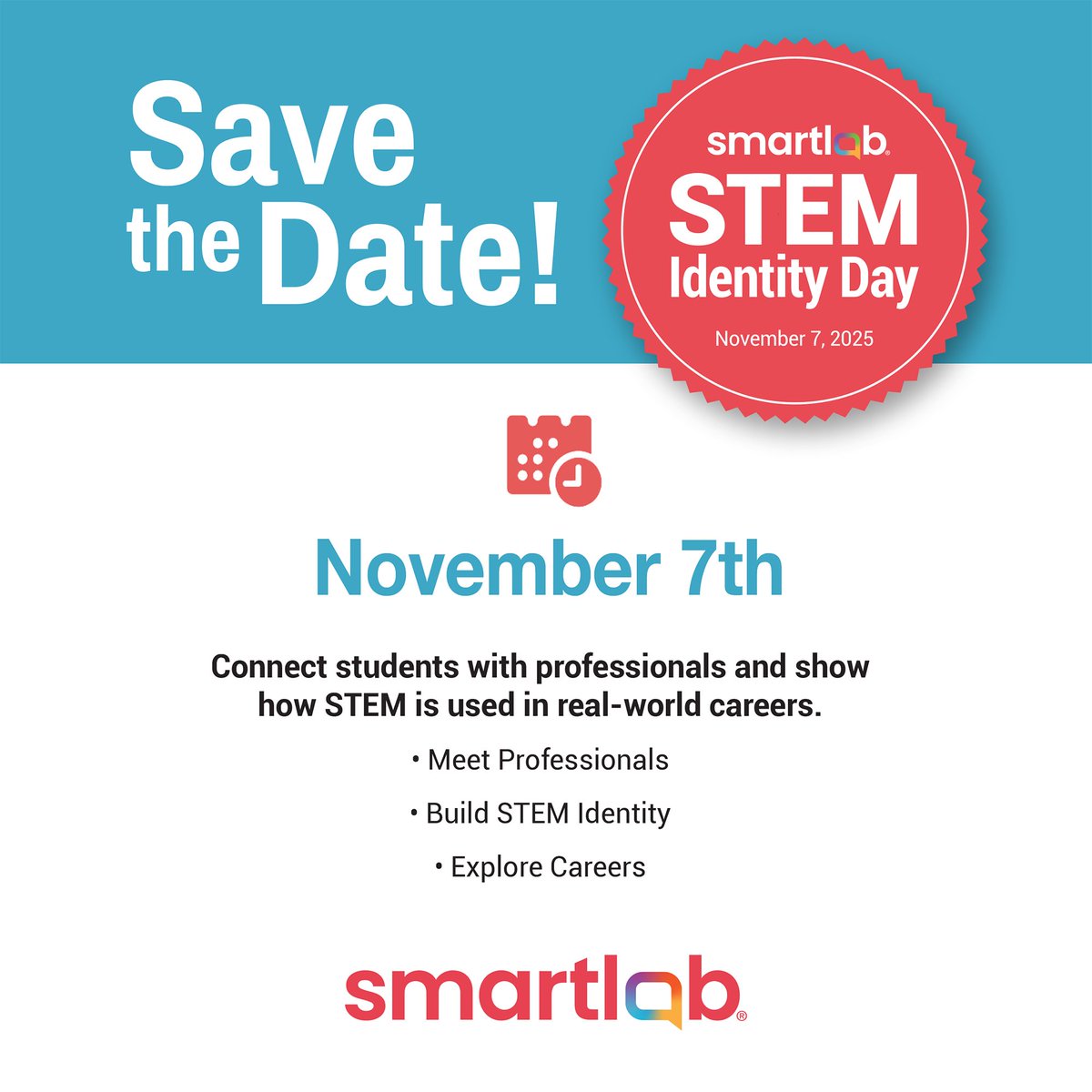 SmartLab_tweets's tweet image. The workforce of tomorrow is sitting in classrooms today. But for students to see themselves in STEM careers, they need authentic connections with people already doing the work.

That’s why SmartLab created STEM Identity Day—coming November 7, 2025. On this day, industry…
