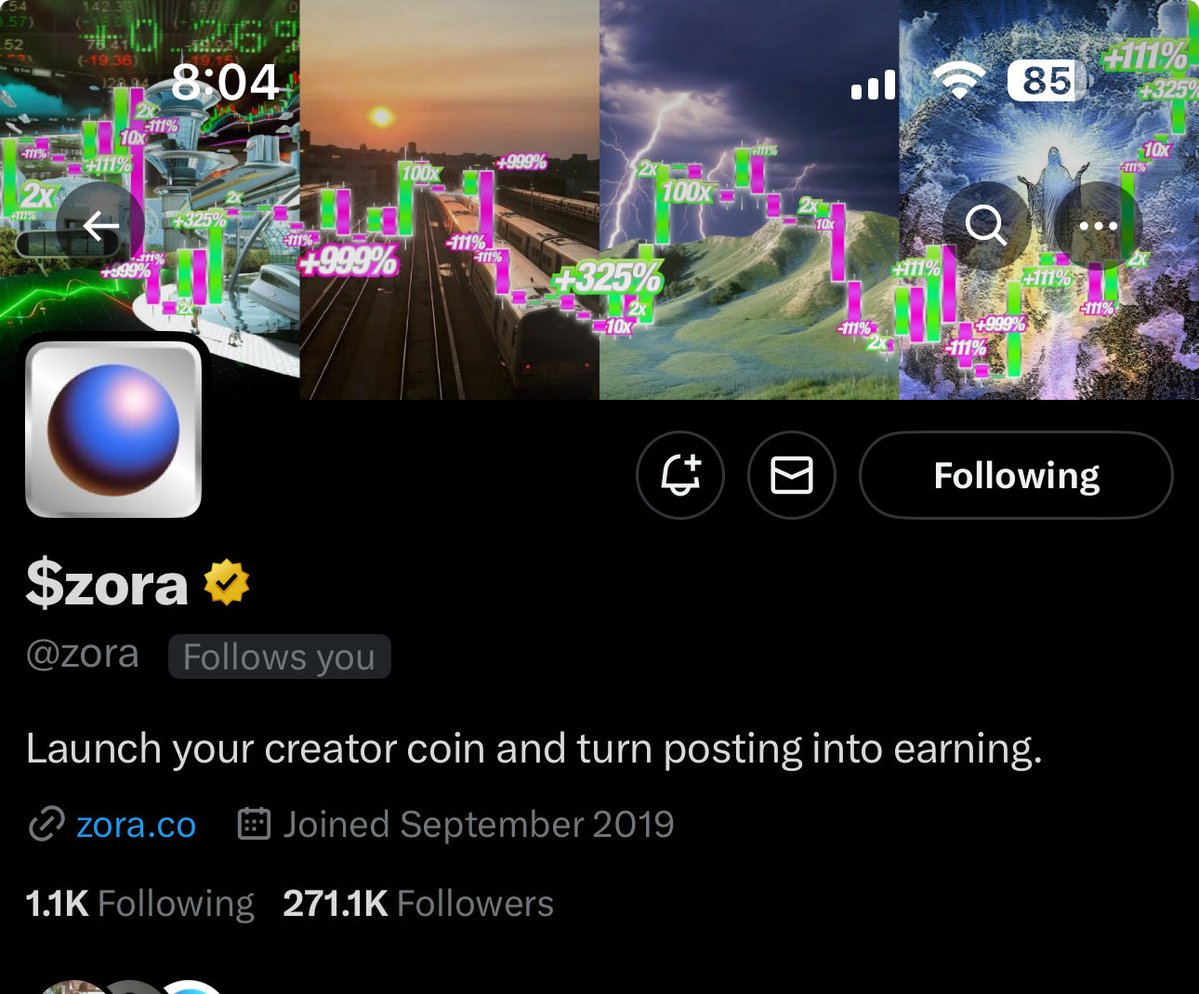 Screenshot of Zora's X profile promoting creator coins