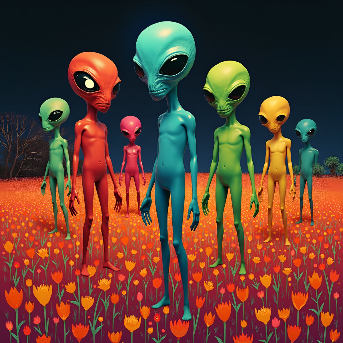 PromptSin's tweet image. Explore new worlds with these colorful aliens! 🚀👽 Dive into the unknown! #SciFiVibes #AlienLife