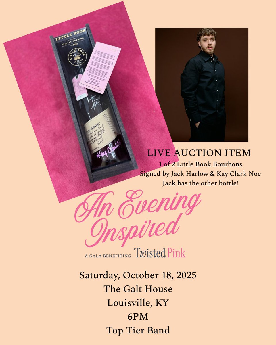 twistedpinkorg's tweet image. We can&apos;t wait to see who will walk away with this one-of-a-kind bottle of Bourbon.  This one is signed by Jack Harlow and Kay Clark Noe.  It is 1 of 2 and Jack has the other bottle!  Get your tickets to attend at loom.ly/GJDLYAg